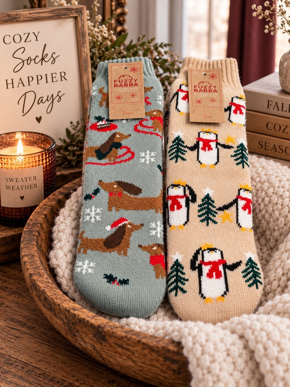 NWT Fuzzy Babba Holiday Fuzzy Socks Dachshund & Penguin Christmas Cozy